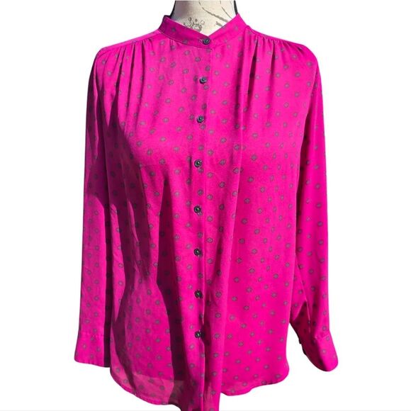 LOFT Long‎ Sleeve Fuchsia Printed Buttoned Blouse Women's Medium Petite - Picture 1 of 9